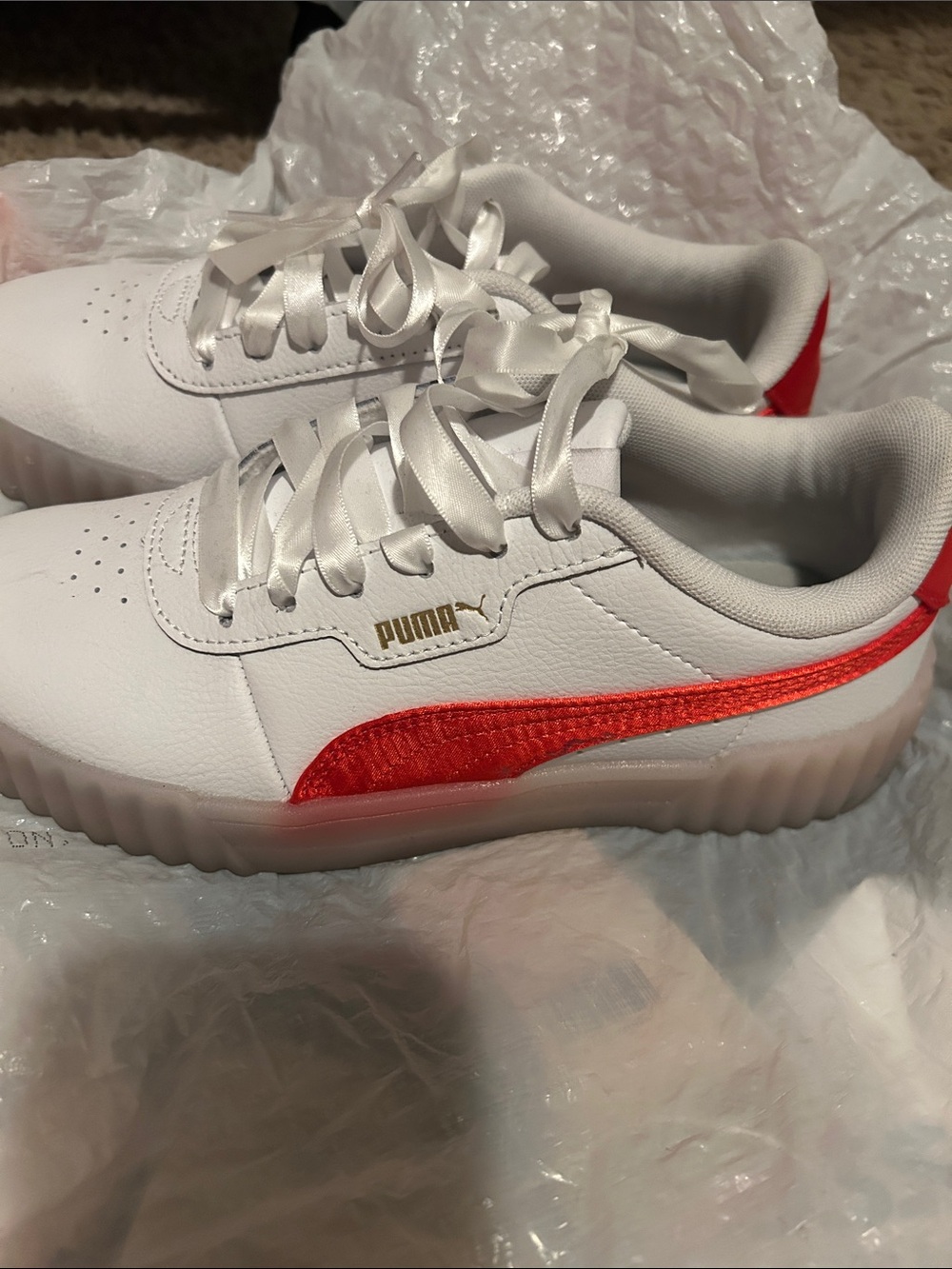 Puma Kids White Sneakers with Red Accent and Satin Laces